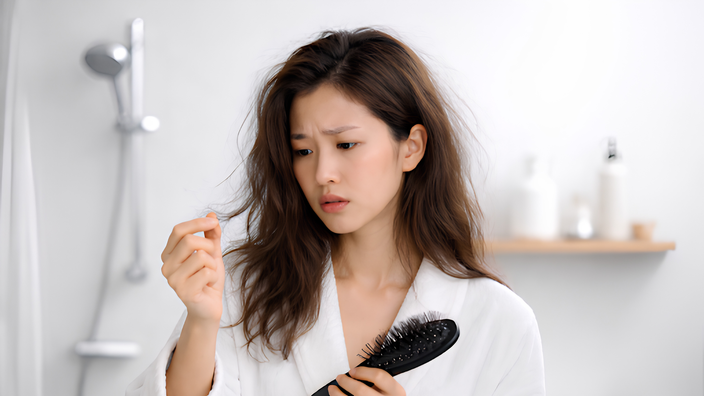Girl feeling her hair being rough and frizzy from shower water